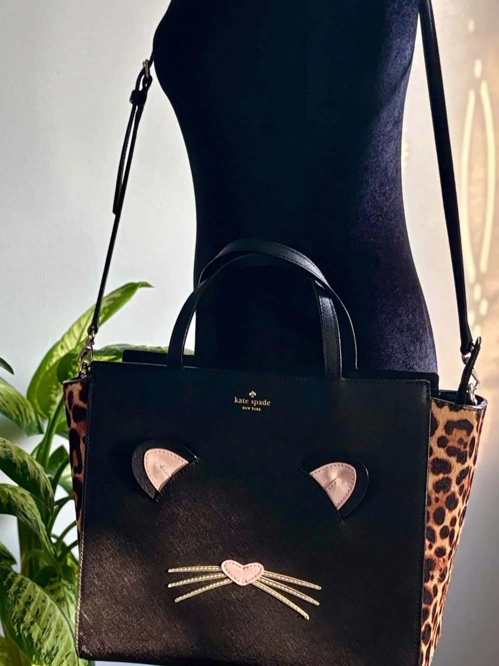 Kate Spade Run Wild Hayden cat face leopard print calf hair Tote with crossbody